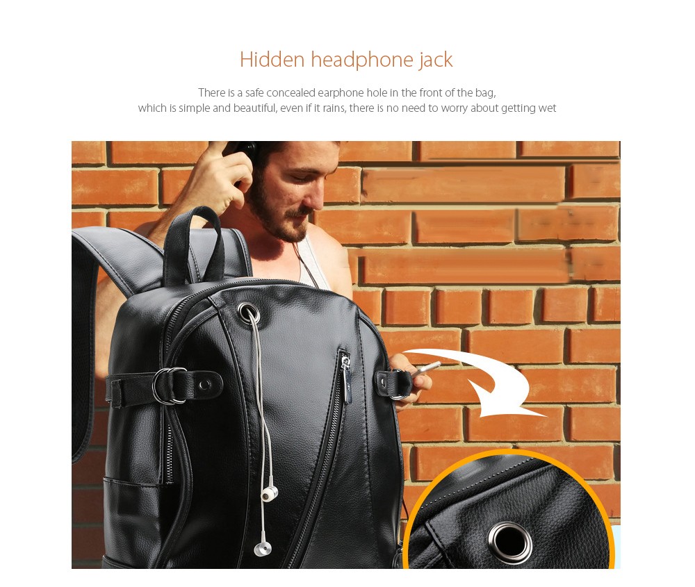 Men's Korean Fashion Leather Backpack Hidden headphone jack